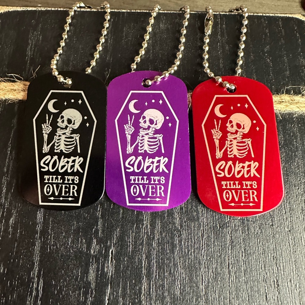 Sobriety Skeleton Dog Tag Keychains - Black, Purple, Red more colors available
